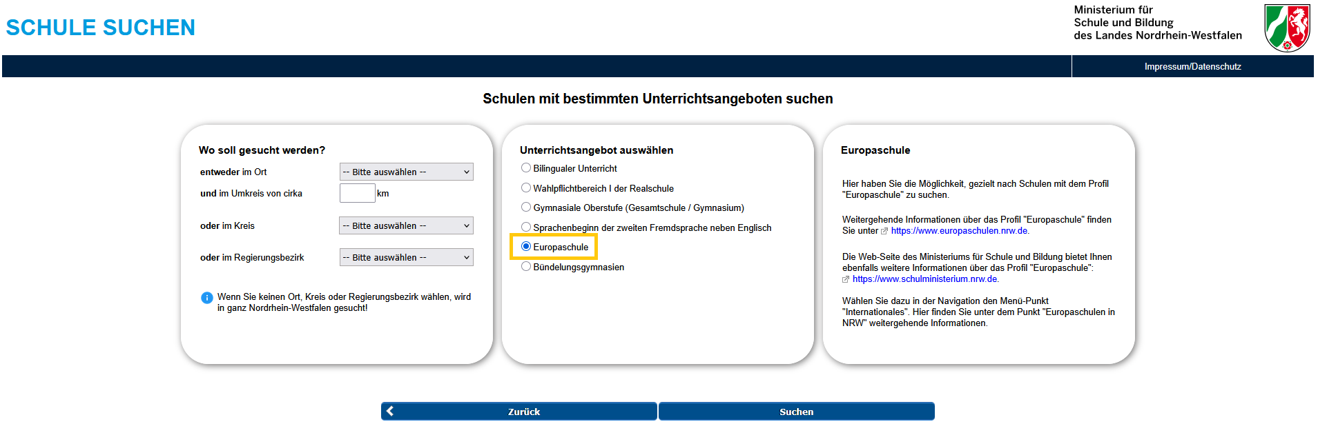 Darstellung der Seite Schule suchen mit Auswahl Europaschule Beschreibung 